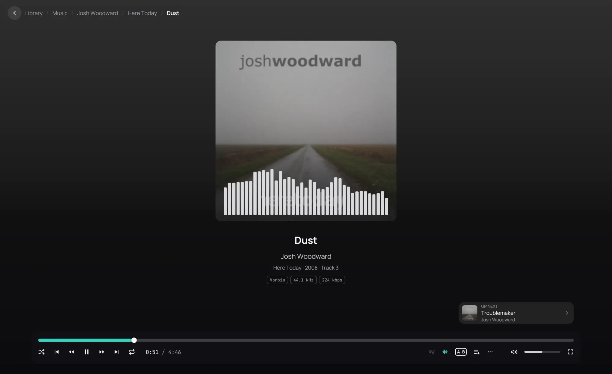 The player on a track: white bars rising over the bottom of the album's cover, from the low notes on the left to the high ones on the right, the track's title and artist under it, and the playback bar at the bottom with the visualizer button lit