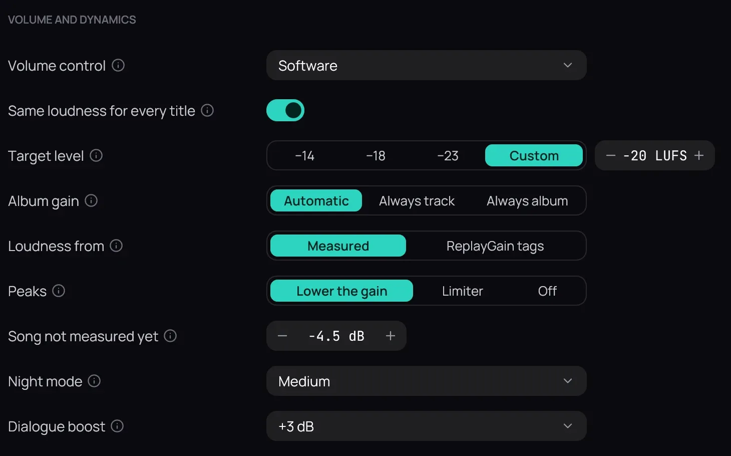 The Volume and dynamics group in Settings, with Volume control on Software, Same loudness for every title on and its levelling rows, Night mode set to Medium and Dialogue boost set to +3 dB